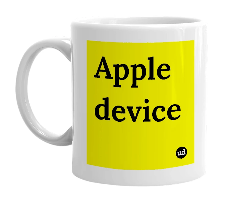 White mug with 'Apple device' in bold black letters