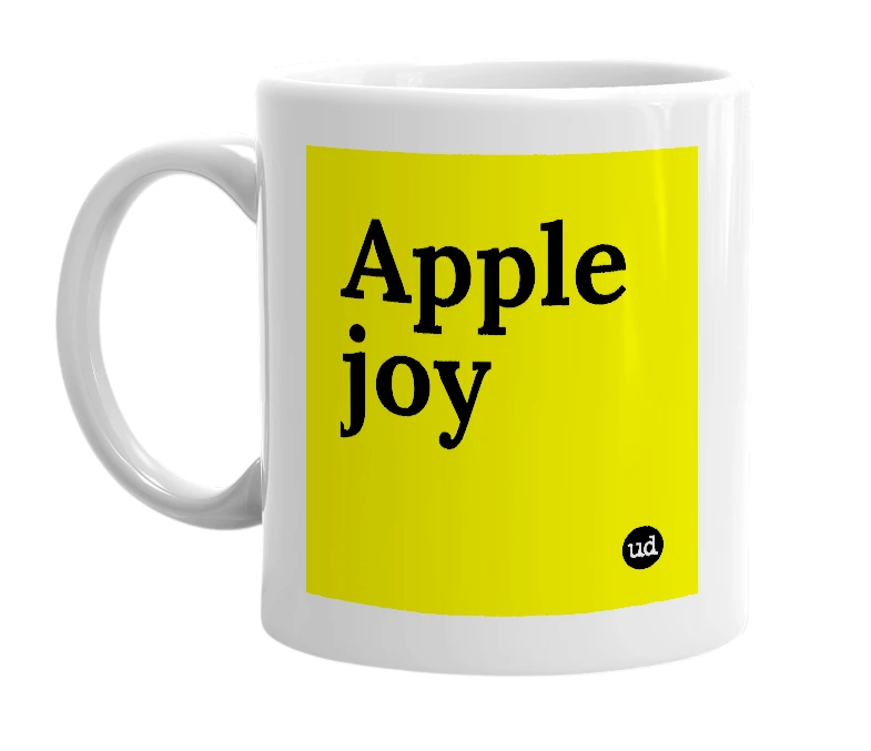 White mug with 'Apple joy' in bold black letters
