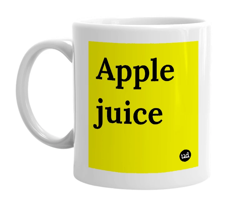 White mug with 'Apple juice' in bold black letters