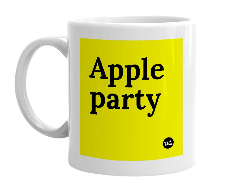 White mug with 'Apple party' in bold black letters