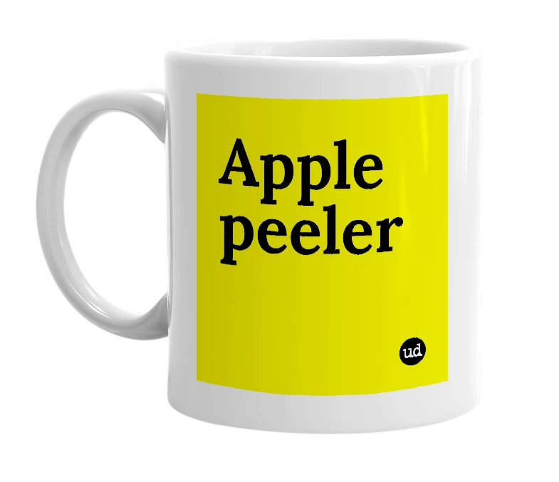 White mug with 'Apple peeler' in bold black letters