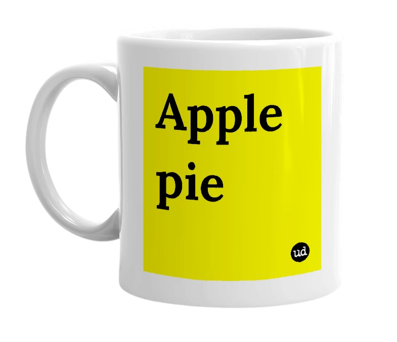 White mug with 'Apple pie' in bold black letters
