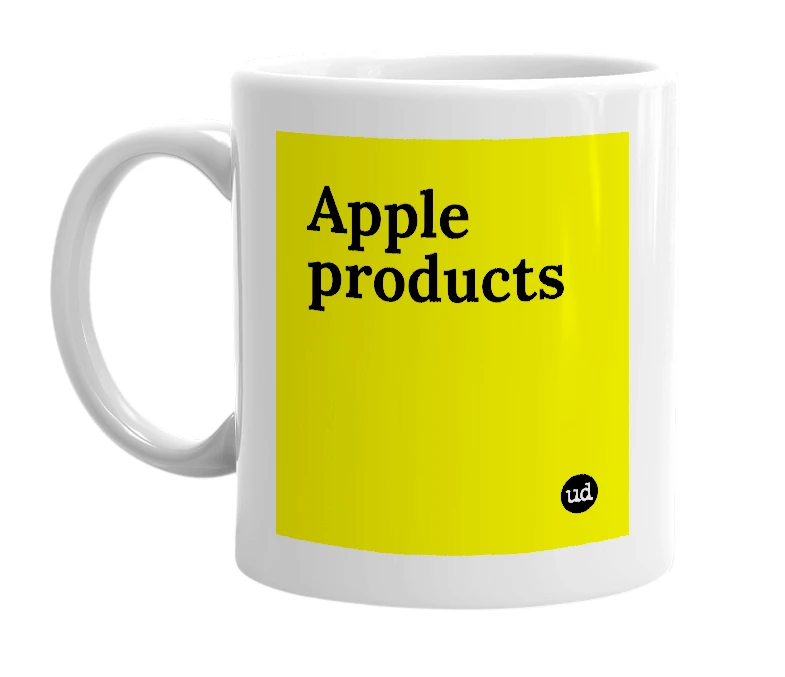 White mug with 'Apple products' in bold black letters