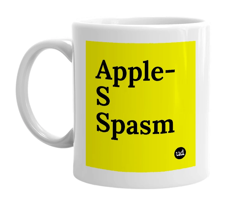 White mug with 'Apple-S Spasm' in bold black letters