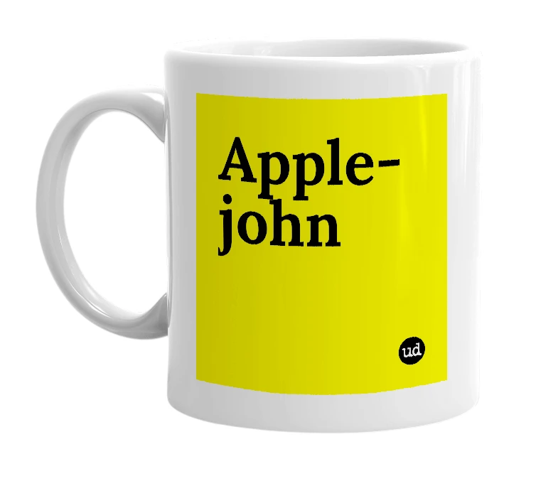 White mug with 'Apple-john' in bold black letters