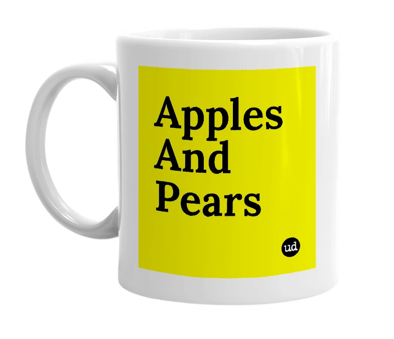 White mug with 'Apples And Pears' in bold black letters