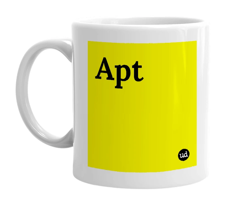 White mug with 'Apt' in bold black letters