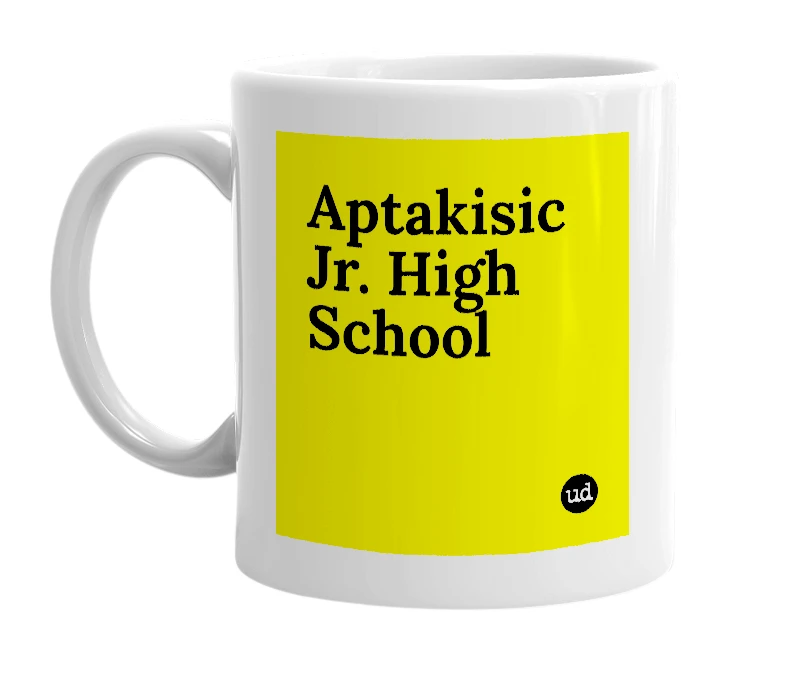 White mug with 'Aptakisic Jr. High School' in bold black letters