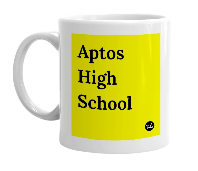 White mug with 'Aptos High School' in bold black letters