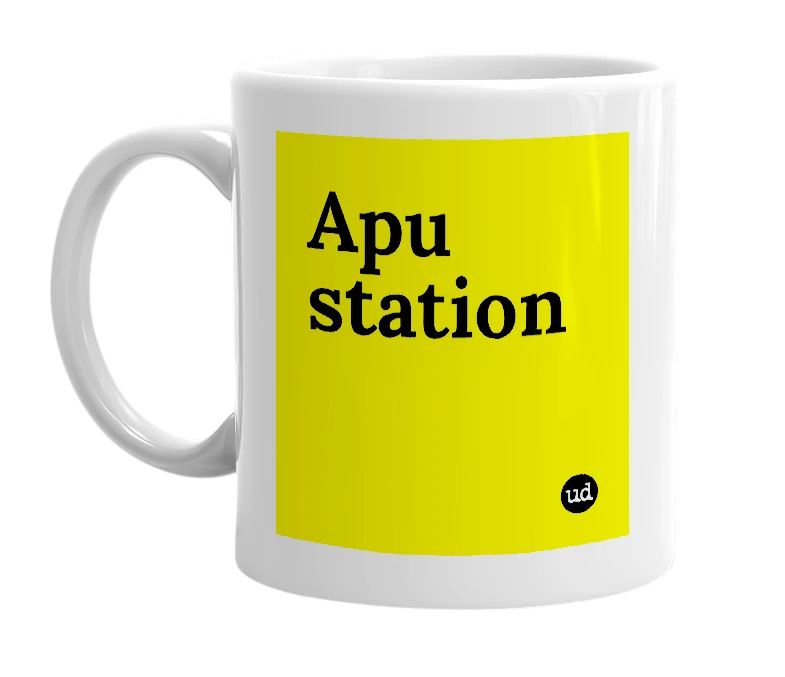 White mug with 'Apu station' in bold black letters