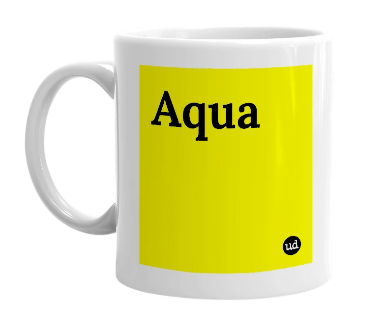 White mug with 'Aqua' in bold black letters