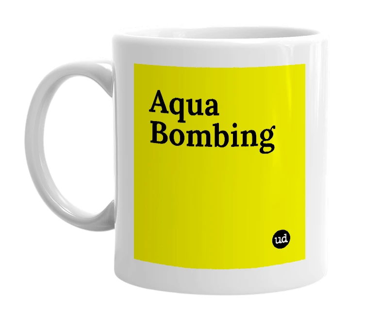 White mug with 'Aqua Bombing' in bold black letters