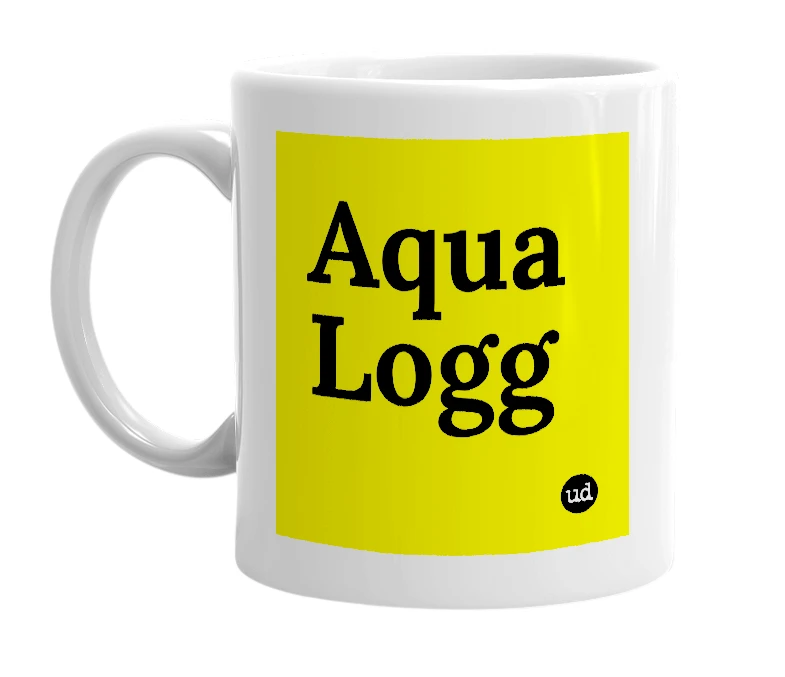 White mug with 'Aqua Logg' in bold black letters