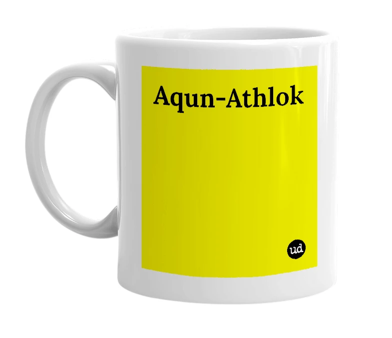 White mug with 'Aqun-Athlok' in bold black letters