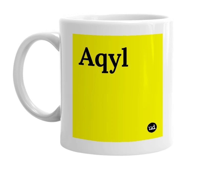 White mug with 'Aqyl' in bold black letters