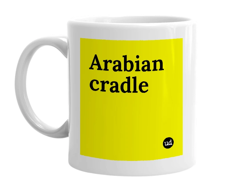 White mug with 'Arabian cradle' in bold black letters