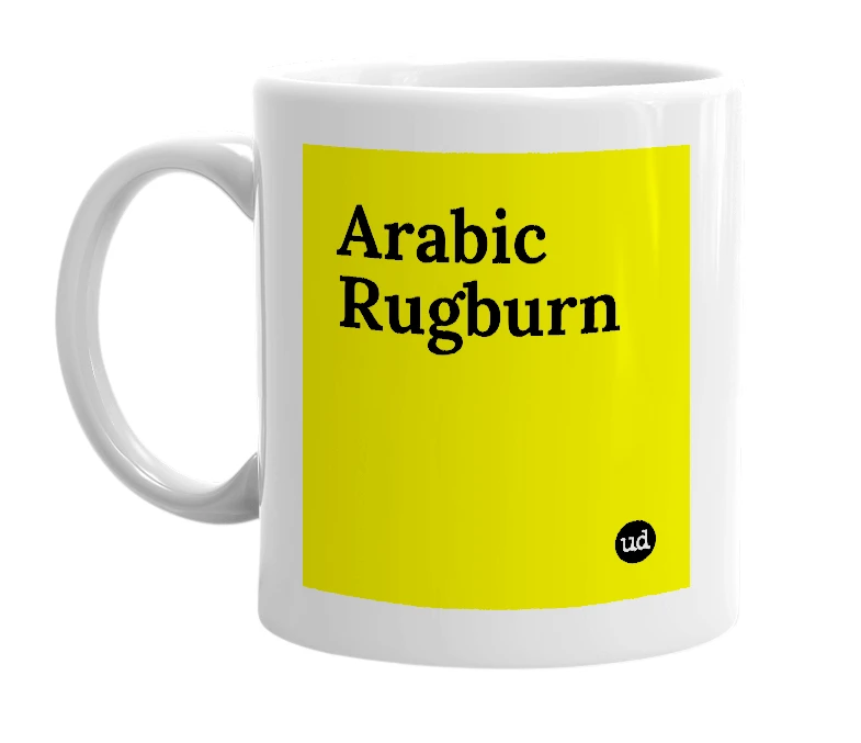 White mug with 'Arabic Rugburn' in bold black letters