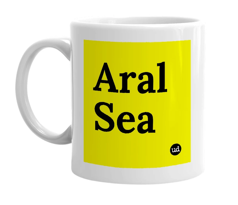 White mug with 'Aral Sea' in bold black letters