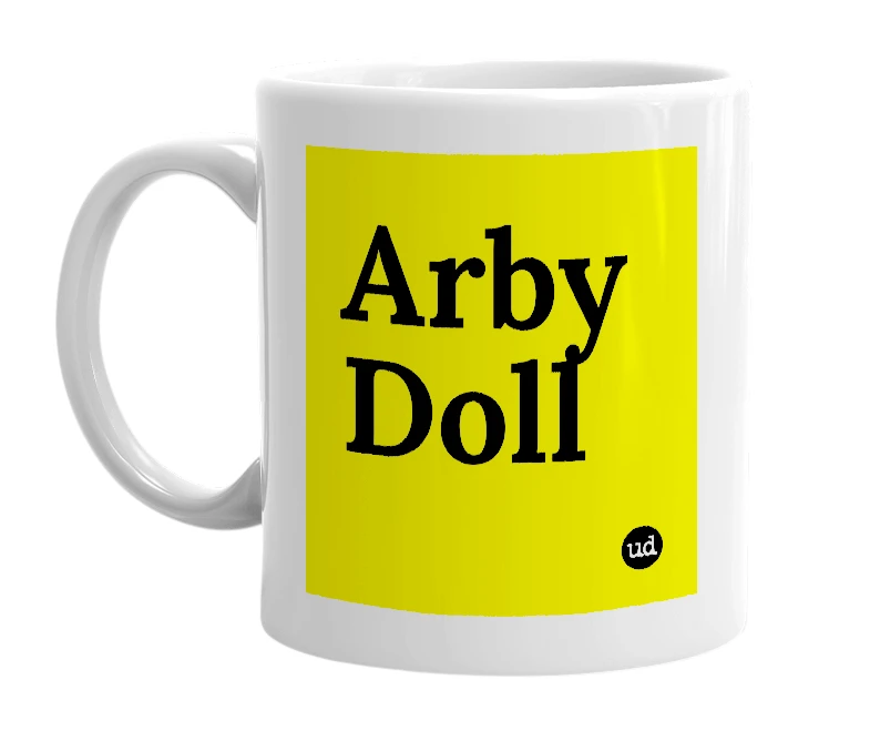 White mug with 'Arby Doll' in bold black letters