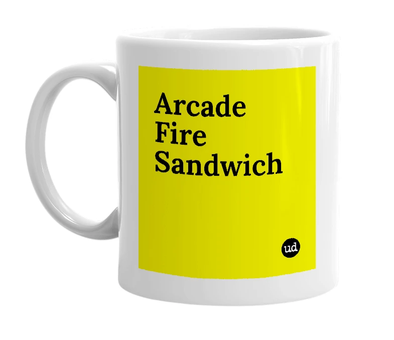 White mug with 'Arcade Fire Sandwich' in bold black letters