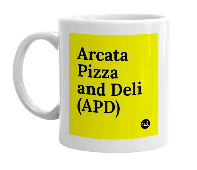 White mug with 'Arcata Pizza and Deli (APD)' in bold black letters