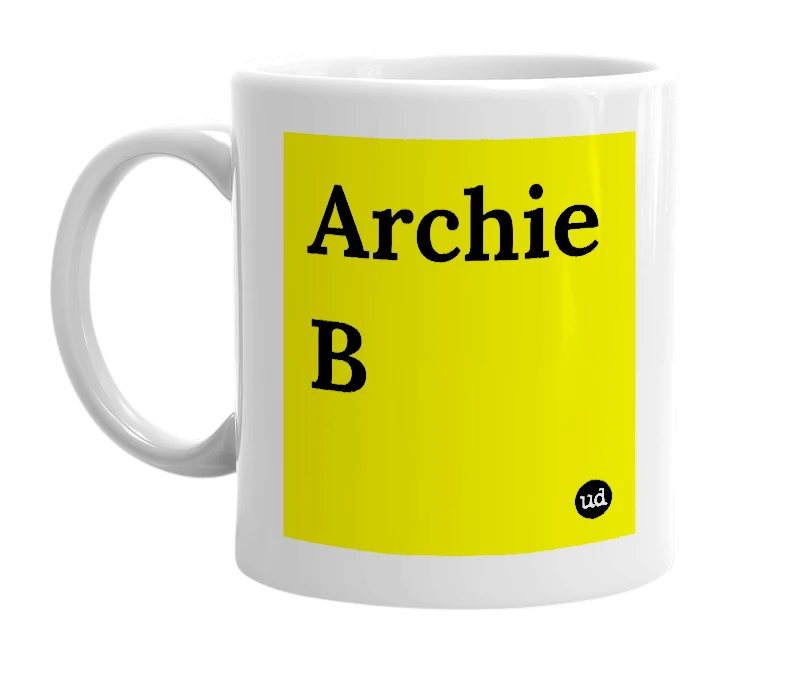 White mug with 'Archie B' in bold black letters