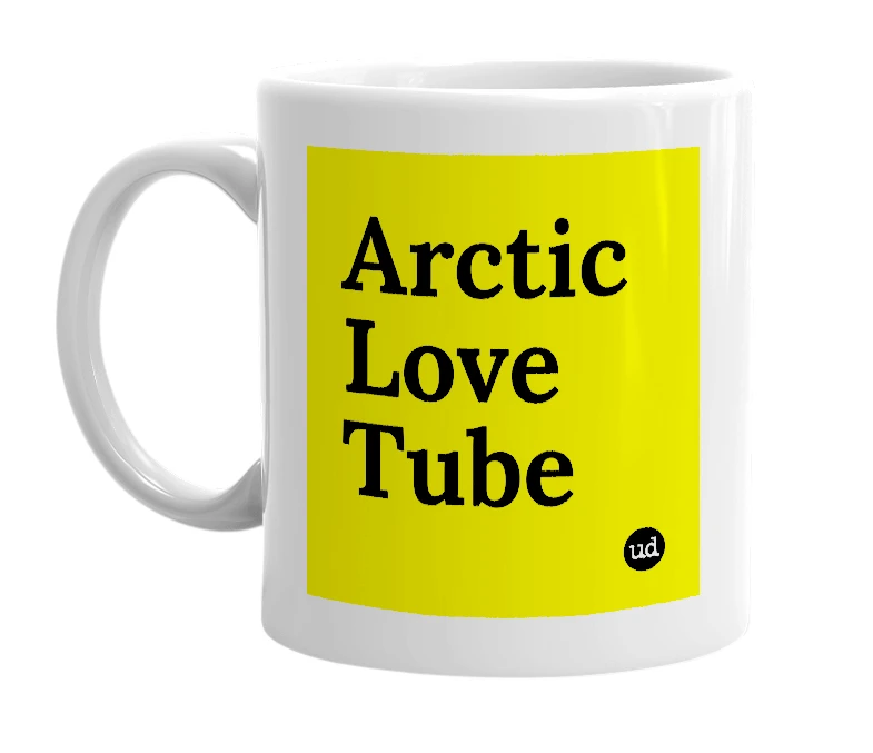 White mug with 'Arctic Love Tube' in bold black letters