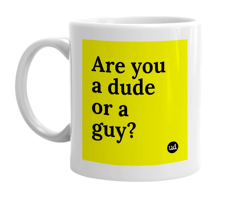 White mug with 'Are you a dude or a guy?' in bold black letters