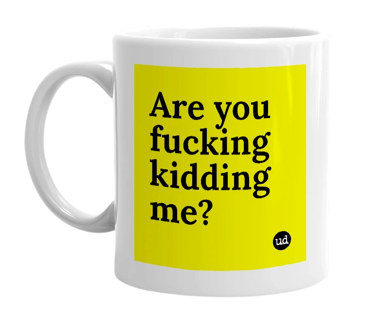 White mug with 'Are you fucking kidding me?' in bold black letters