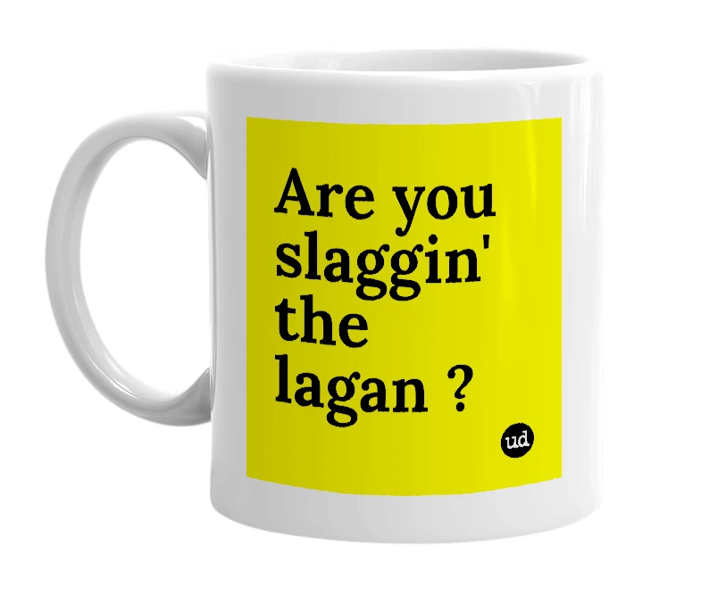 White mug with 'Are you slaggin' the lagan ?' in bold black letters