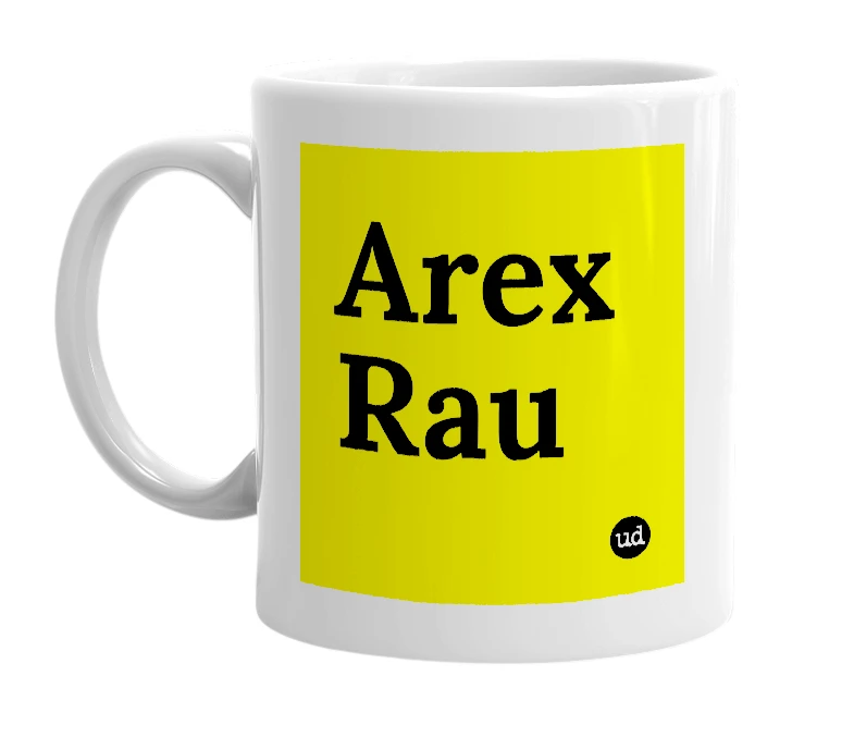 White mug with 'Arex Rau' in bold black letters
