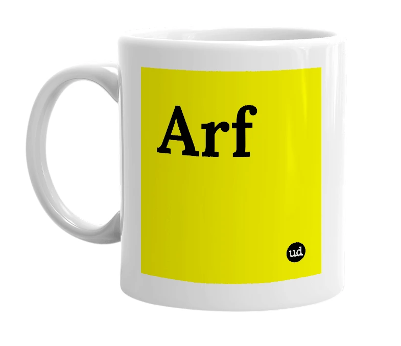 White mug with 'Arf' in bold black letters