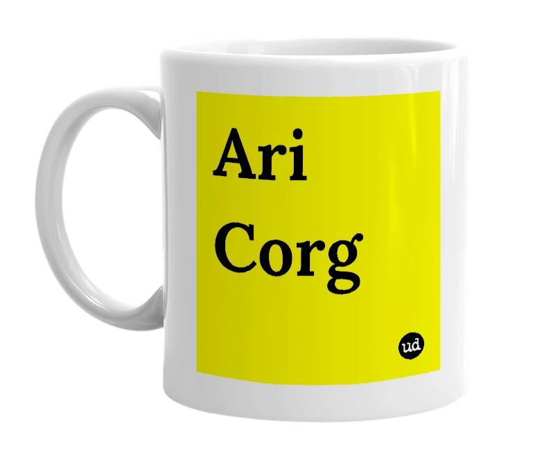 White mug with 'Ari Corg' in bold black letters