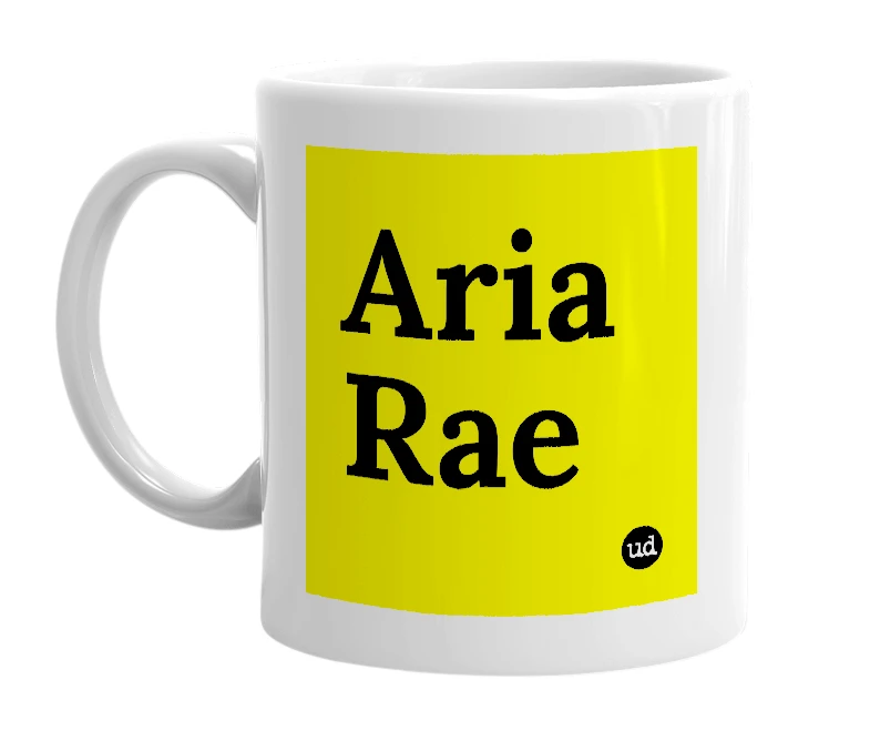 White mug with 'Aria Rae' in bold black letters