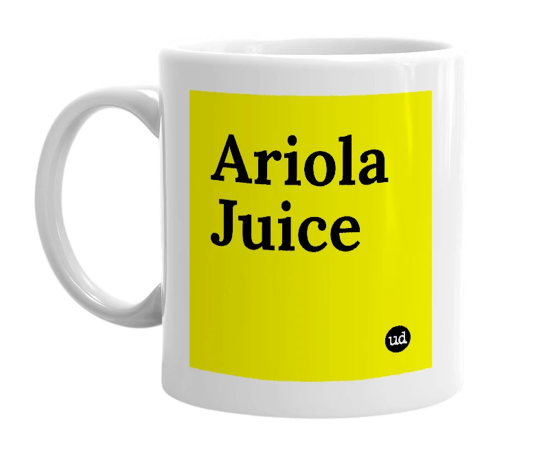 White mug with 'Ariola Juice' in bold black letters