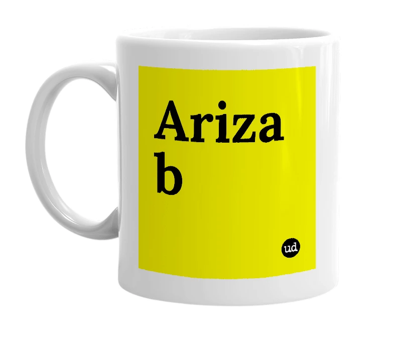 White mug with 'Ariza b' in bold black letters