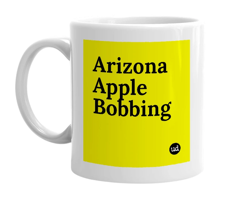 White mug with 'Arizona Apple Bobbing' in bold black letters