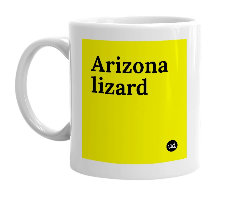 White mug with 'Arizona lizard' in bold black letters