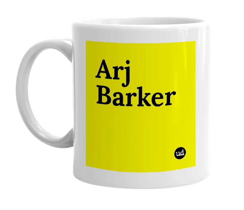 White mug with 'Arj Barker' in bold black letters