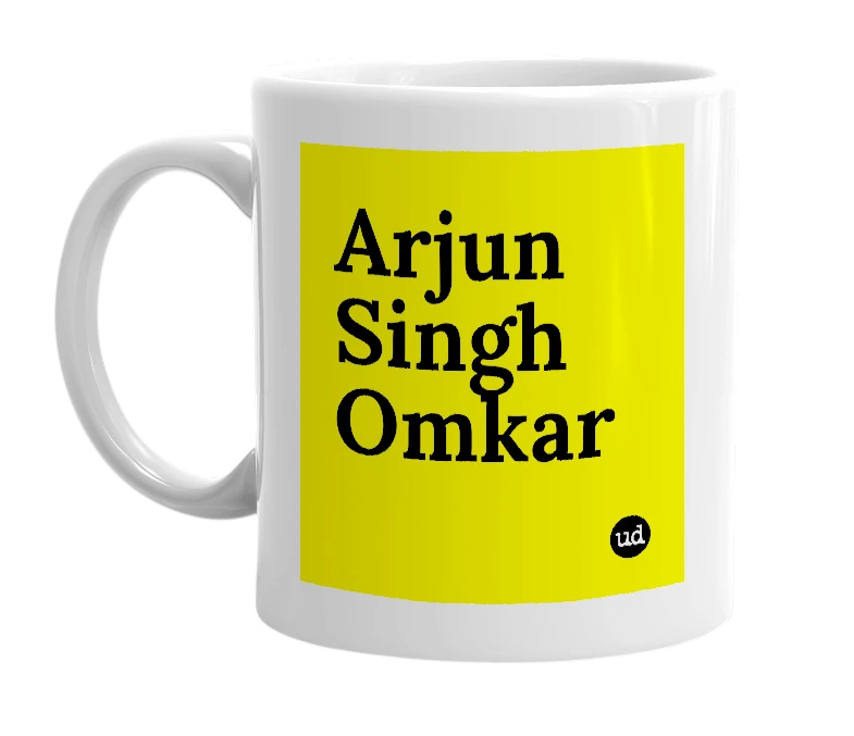 White mug with 'Arjun Singh Omkar' in bold black letters