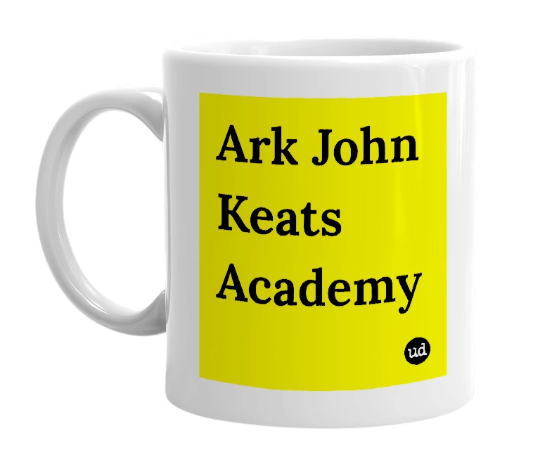 White mug with 'Ark John Keats Academy' in bold black letters