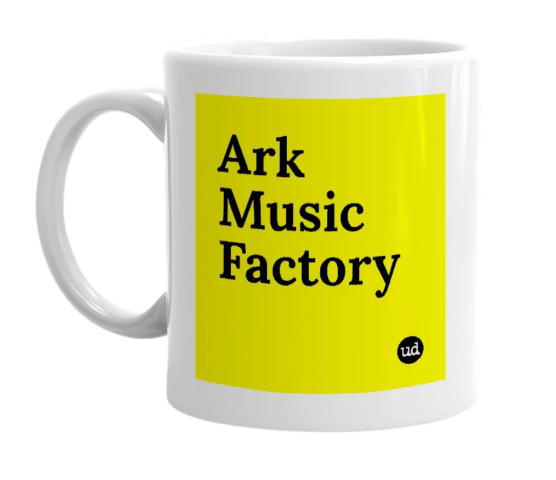 White mug with 'Ark Music Factory' in bold black letters