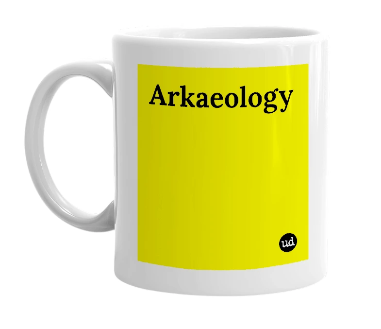 White mug with 'Arkaeology' in bold black letters