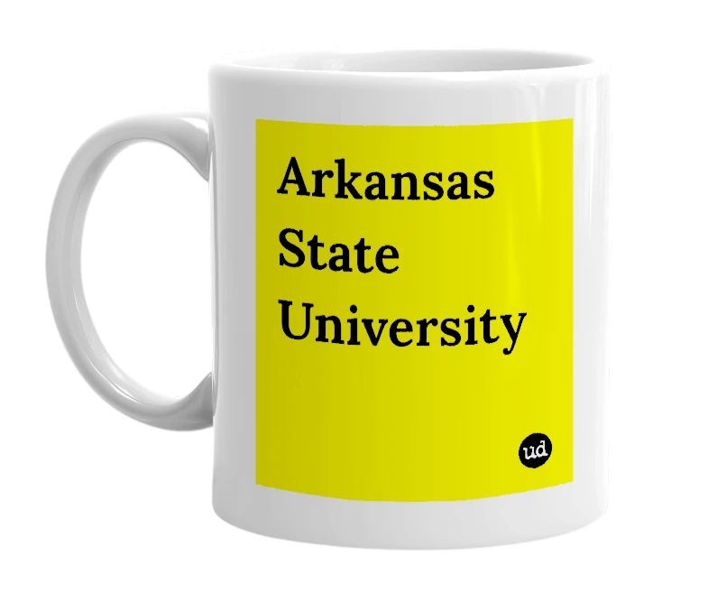 White mug with 'Arkansas State University' in bold black letters