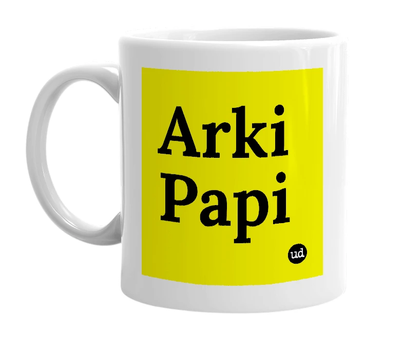 White mug with 'Arki Papi' in bold black letters