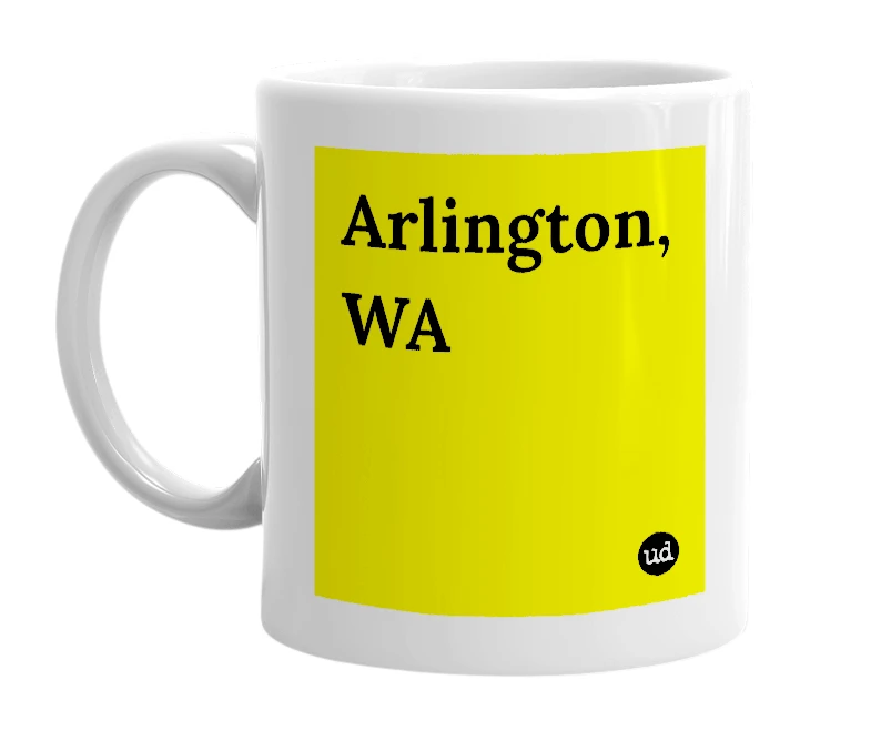 White mug with 'Arlington, WA' in bold black letters