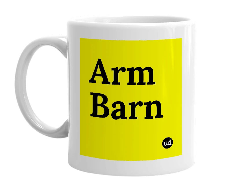 White mug with 'Arm Barn' in bold black letters