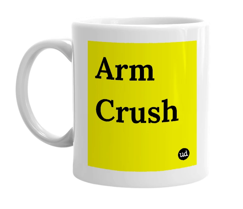 White mug with 'Arm Crush' in bold black letters