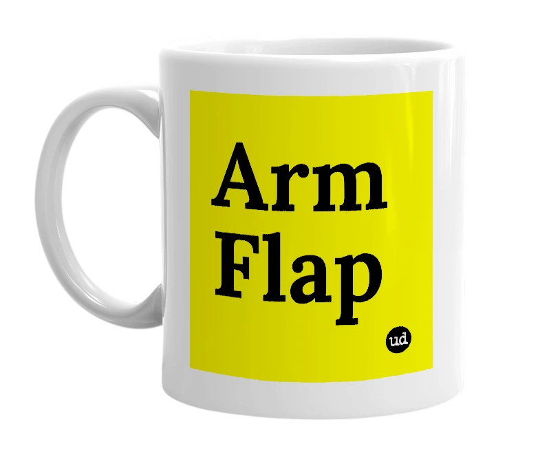 White mug with 'Arm Flap' in bold black letters