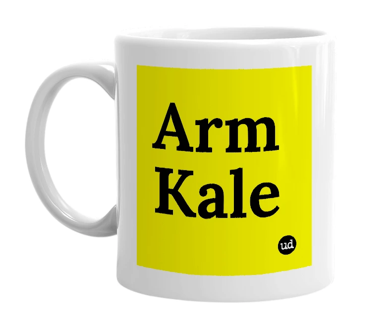 White mug with 'Arm Kale' in bold black letters